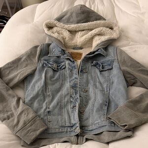 Hollister Light Blue Denim Jacket with Gray Sleeves